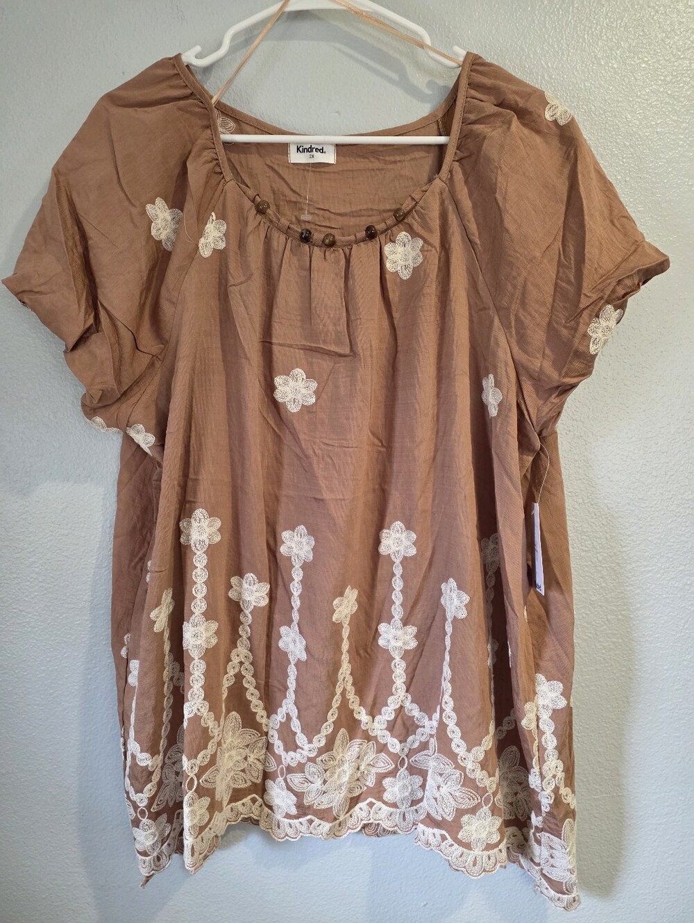 Women's KINDRED Anthropologie Brown Embroidered Beaded Boho Blouse 2X